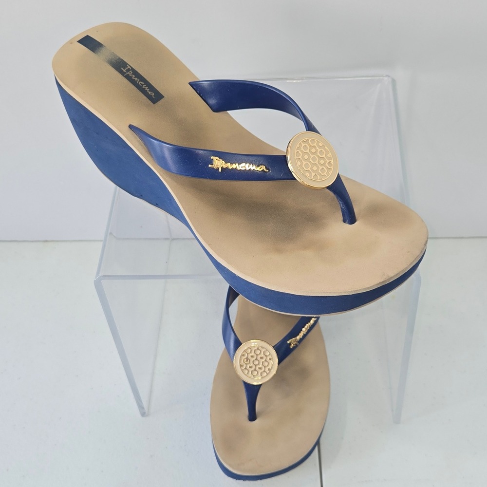 Ipanema Womens Navy Blue Tan Wedge Flip Flops Sandals Gold Logo Size 10 Brazil